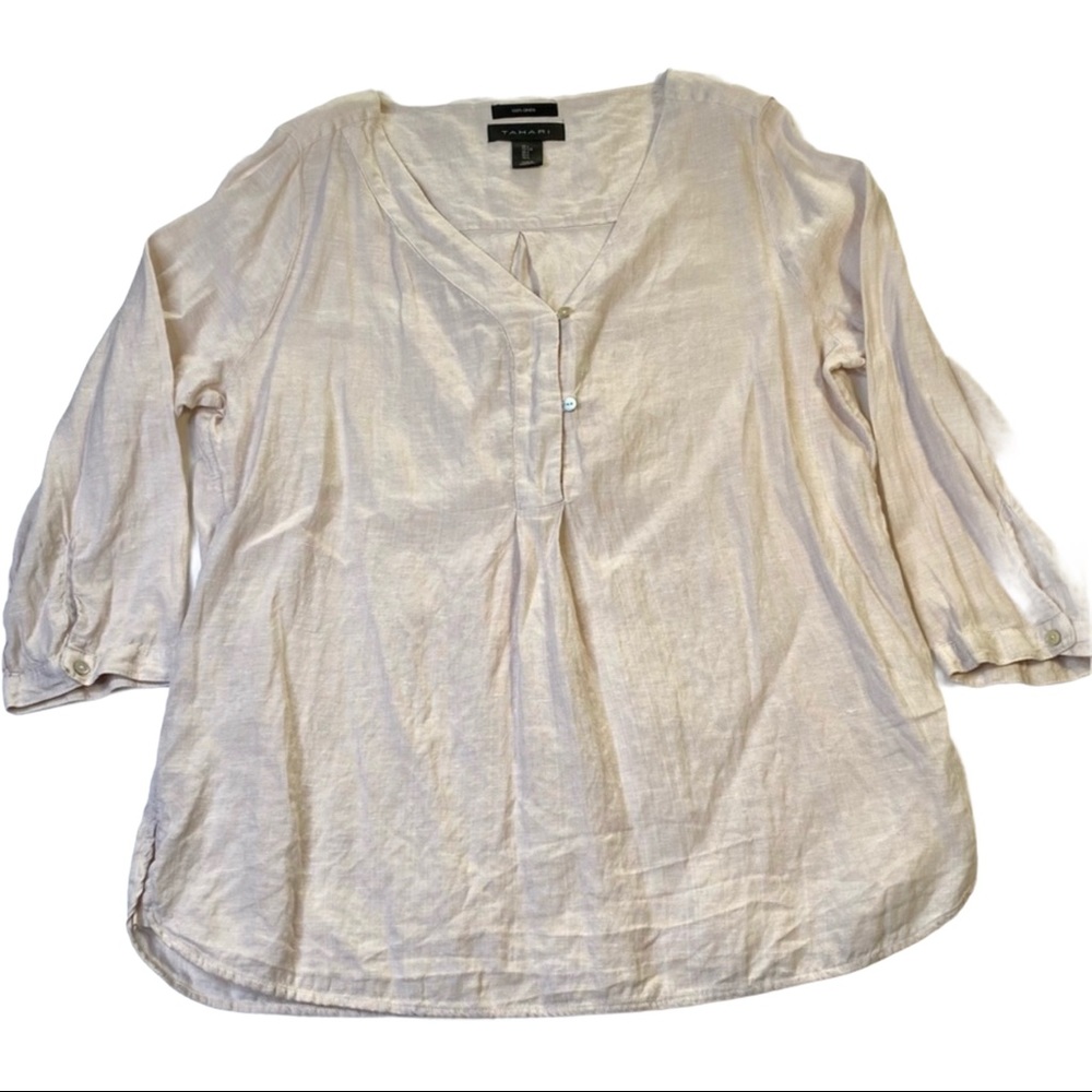 Tahari 100% Linen Ecru 3/4 Sleeve Peasant Top Lrg
